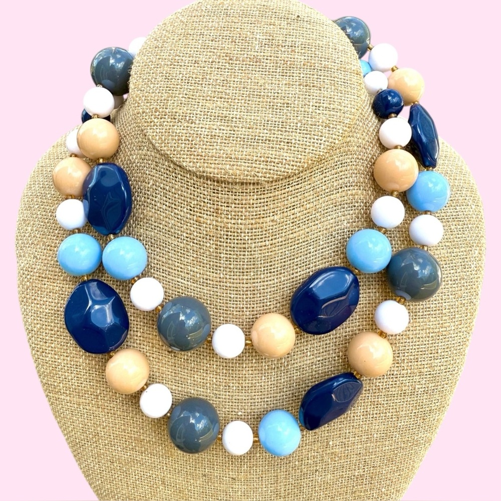 Joan Rivers Chunky Necklace Nautical Seaside Royal Blue Acrylic Beads 34”